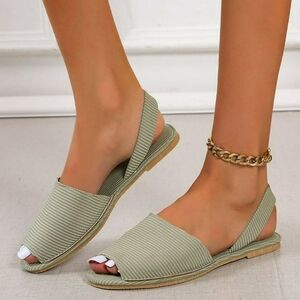 9.5 • Sage Green Ribbed Fish Mouth Flat Slingback Casual Sandals